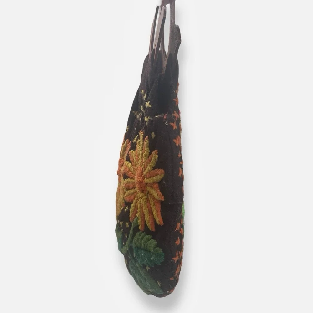 Vintage Tote Bag Boho Floral Brown Fabric Wood Handles‎ Embroidered Flowers
